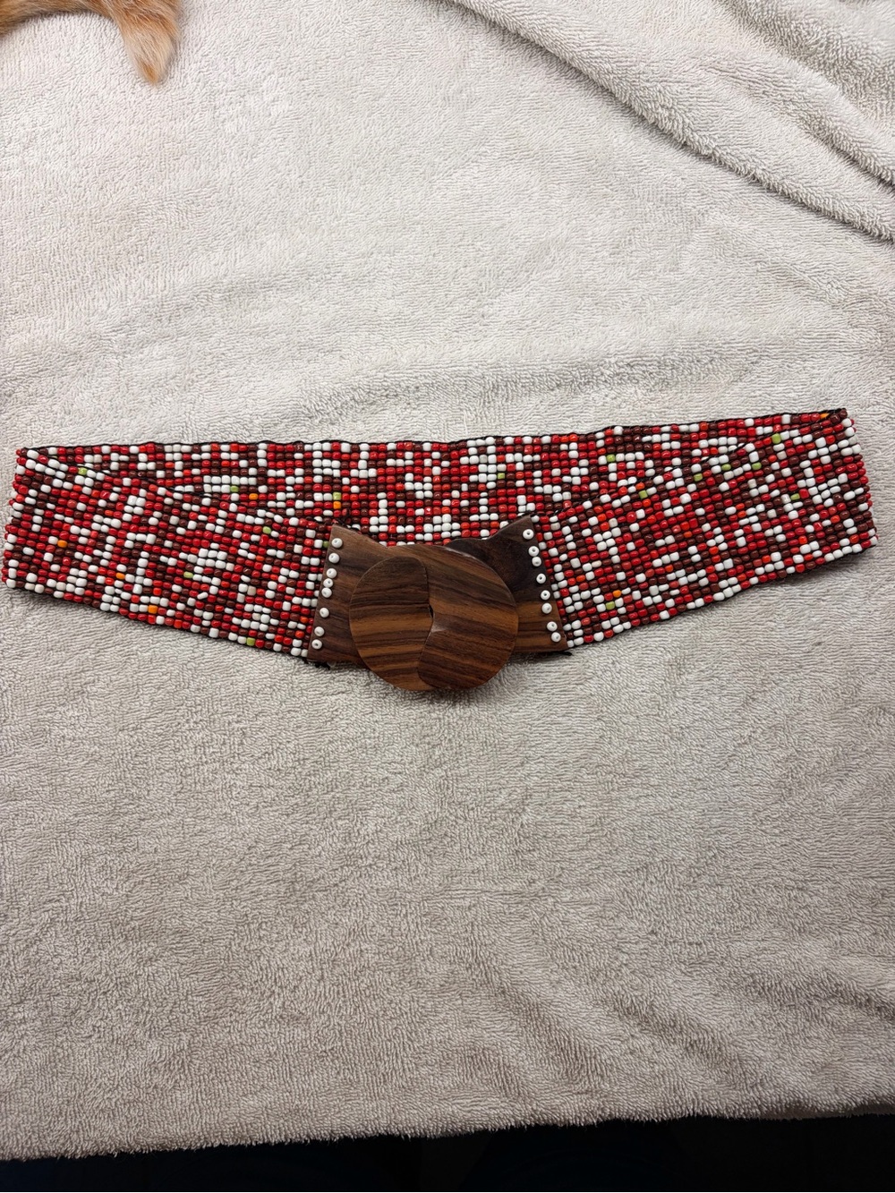 Beaded Red Multi-Color Wide Waist Belt with Wooden Buckle